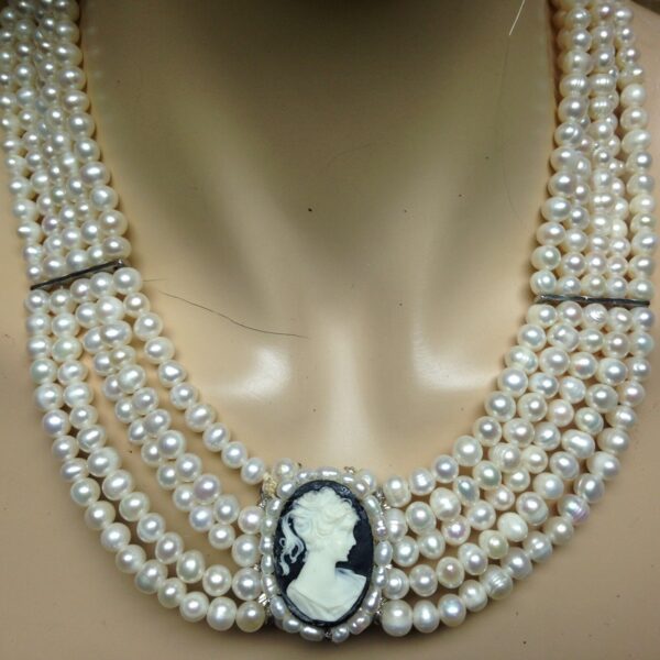 Elegant Reversible Cameo-Rhinestones Pendant 5 Strands Real Pearls 18in Necklace