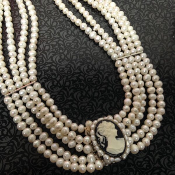 Elegant Reversible Cameo-Rhinestones Pendant 5 Strands Real Pearls 18in Necklace