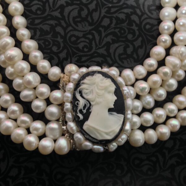 Elegant Reversible Cameo-Rhinestones Pendant 5 Strands Real Pearls 18in Necklace