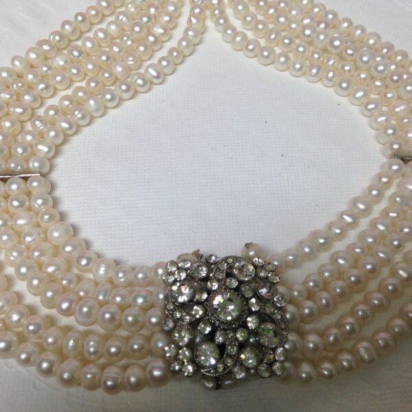 Elegant Reversible Cameo-Rhinestones Pendant 5 Strands Real Pearls 18in Necklace