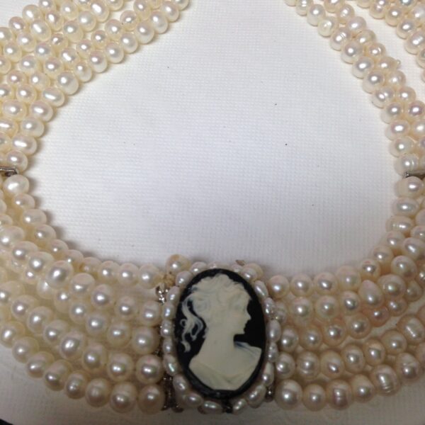 Elegant Reversible Cameo-Rhinestones Pendant 5 Strands Real Pearls 18in Necklace