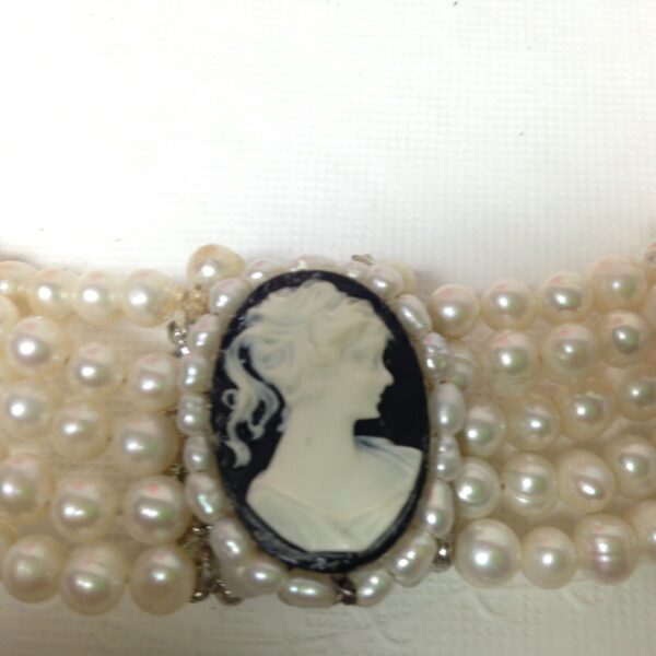 Elegant Reversible Cameo-Rhinestones Pendant 5 Strands Real Pearls 18in Necklace