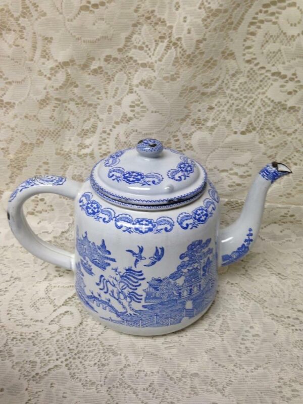 Antique, Rare, Blue Willow Enamelware Teapot or Tea Kettle 10in W x 7.5in H