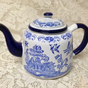 Antique, Blue Willow Enamelware Teapot or Tea Kettle 9in x 6in