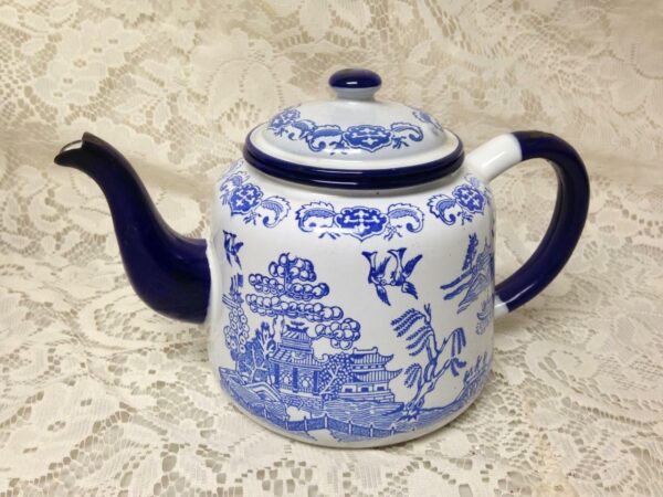 Antique, Blue Willow Enamelware Teapot or Tea Kettle 9in x 6in