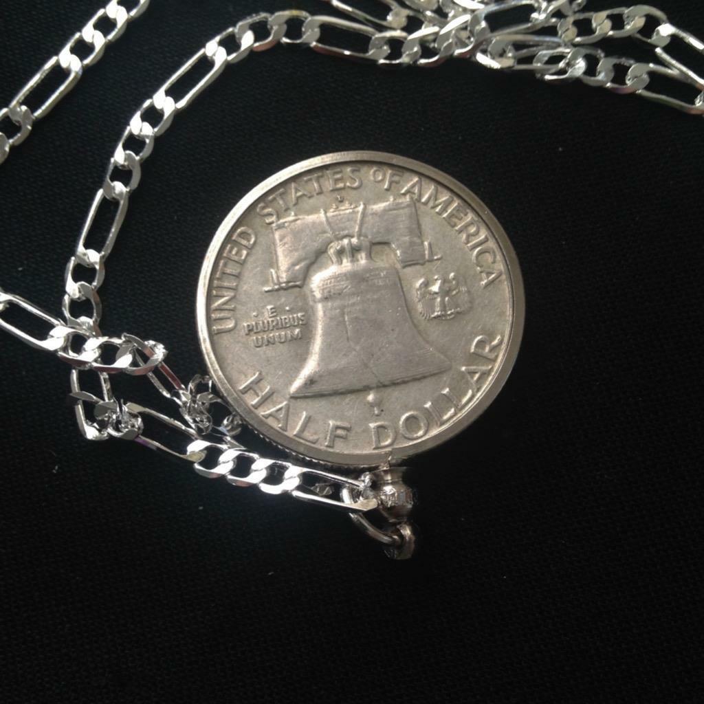 1963 Silver, Half Dollar Coin Pendant with 18in 925 Silver Chain Necklace