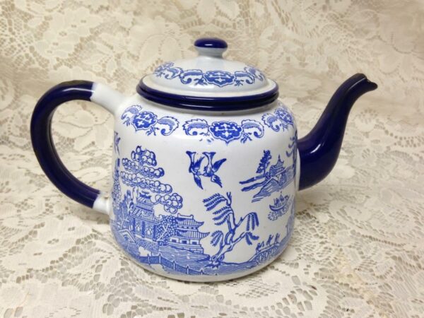 Antique, Blue Willow Enamelware Teapot or Tea Kettle 9in x 6in