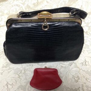 Vintage Bellestone Genuine Black Lizard Handbag w/ Coin Purse 11in x8.5in x3.5in