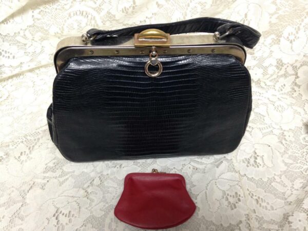 Vintage Bellestone Genuine Black Lizard Handbag w/ Coin Purse 11in x8.5in x3.5in