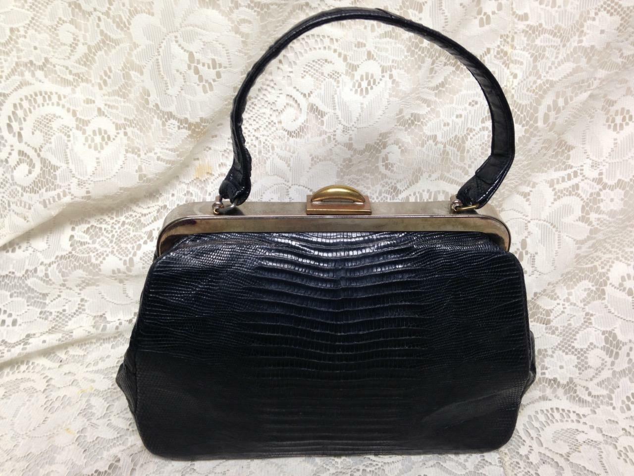 Vintage Bellestone Genuine Black Lizard Handbag w/ Coin Purse 11in x8.5in x3.5in