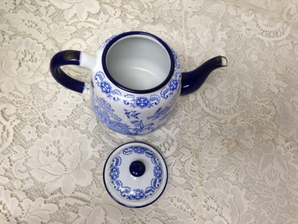 Antique, Blue Willow Enamelware Teapot or Tea Kettle 9in x 6in