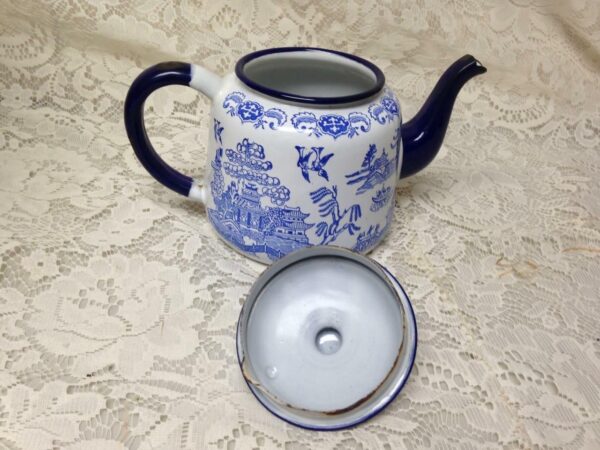 Antique, Blue Willow Enamelware Teapot or Tea Kettle 9in x 6in