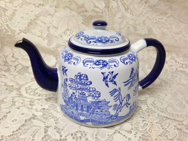 Antique, Blue Willow Enamelware Teapot or Tea Kettle 9in x 6in