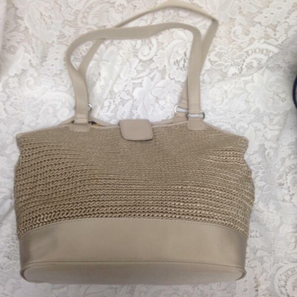 Beige Knitted with Nylon Trim Handbag 11inx11inx4in