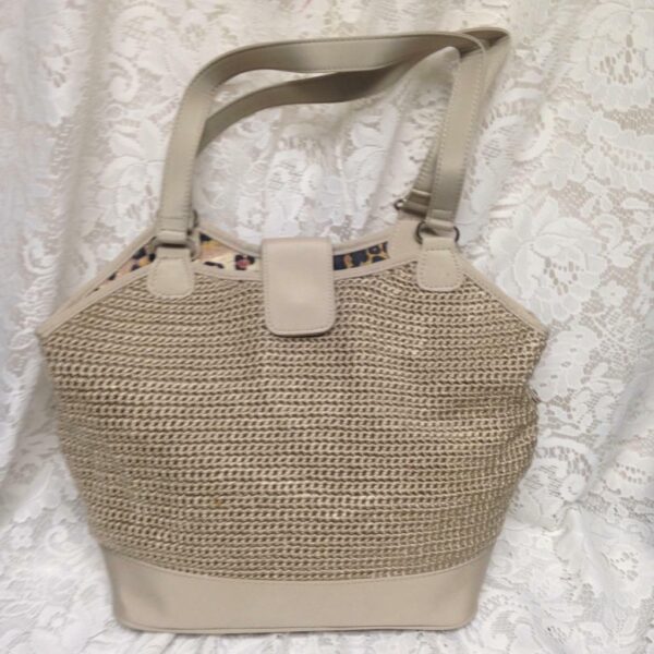 Beige Knitted with Nylon Trim Handbag 11inx11inx4in