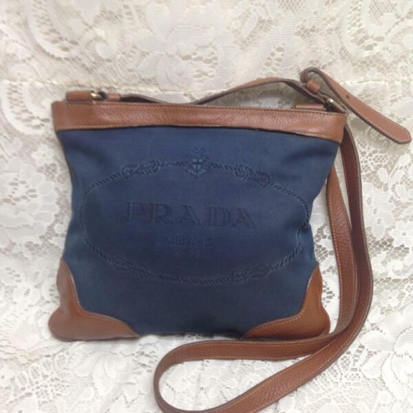 Prada Blue Denim-Tan Leather Crossbody 10.5in x 9in