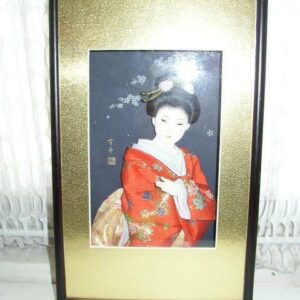 Vintage, Framed 3-Dimensional Japanese Ribbon Doll with Gold Matting