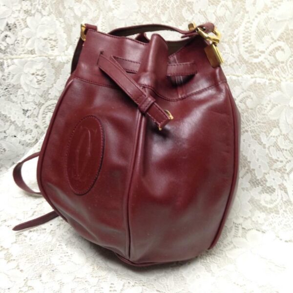 Authentic, Cartier Burgundy Leather GM Drawstring Shoulder Bag 13in x 13in x 7in