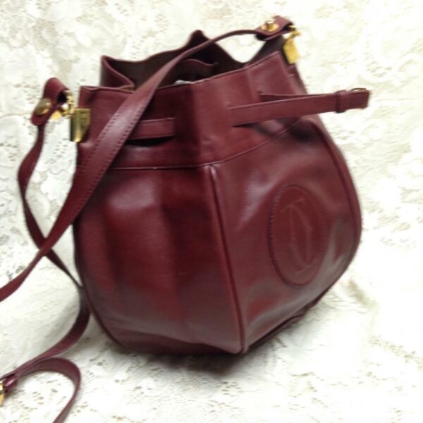 Authentic, Cartier Burgundy Leather GM Drawstring Shoulder Bag 13in x 13in x 7in