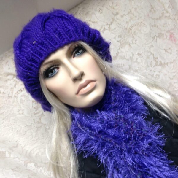 Stunning, Fits All, Purple Knitted Hat and Matching Scarf Set