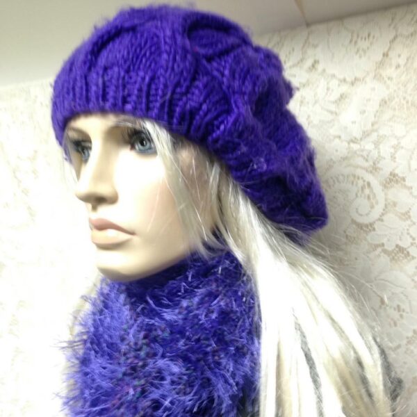 Stunning, Fits All, Purple Knitted Hat and Matching Scarf Set