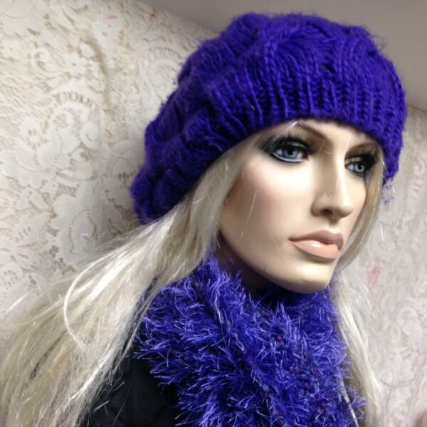 Stunning, Fits All, Purple Knitted Hat and Matching Scarf Set