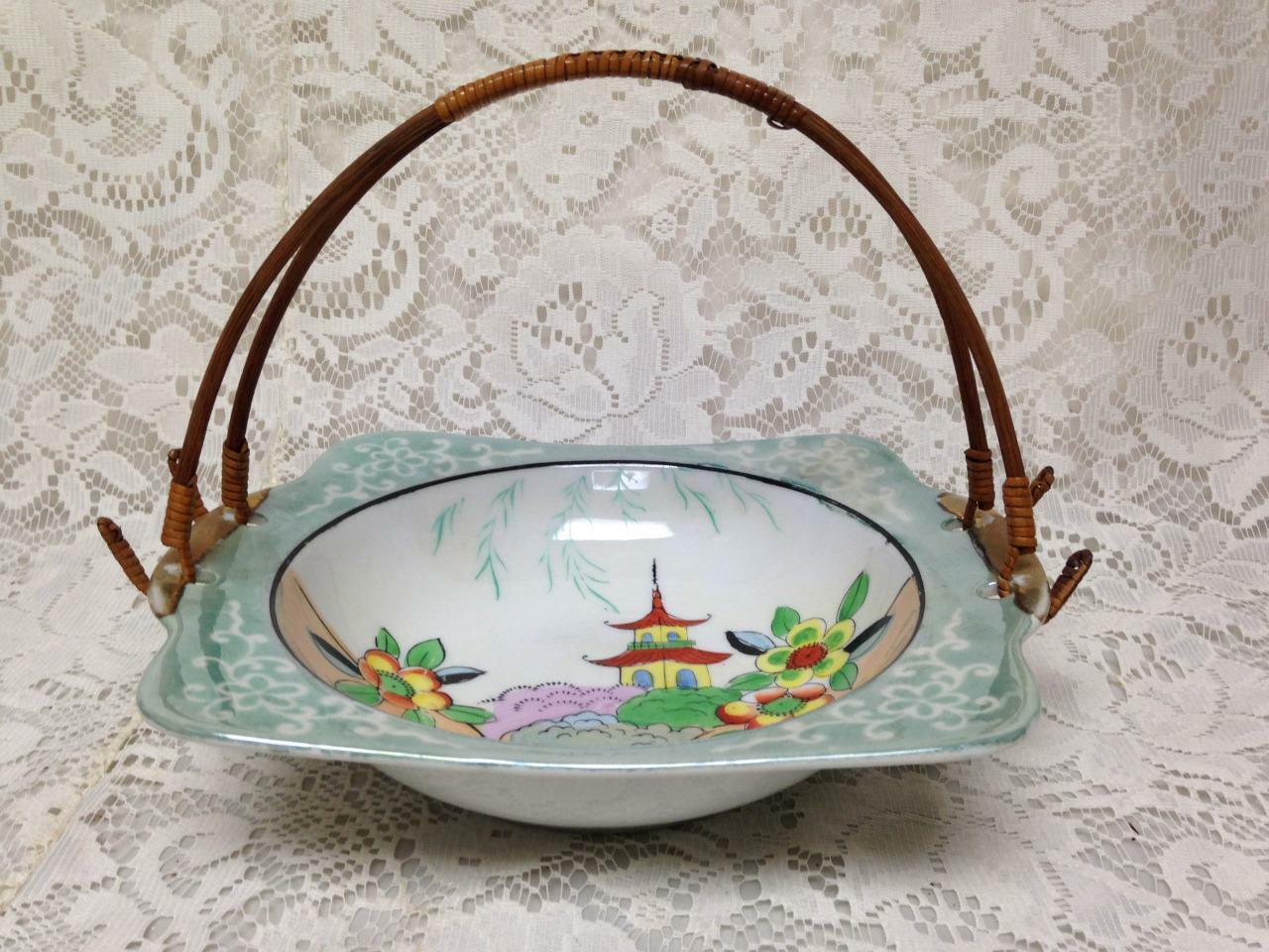 Vintage, Japan, Gaudy Blue Willow Deep Dish Basket- Wicker Handle 8.5inx7.5in