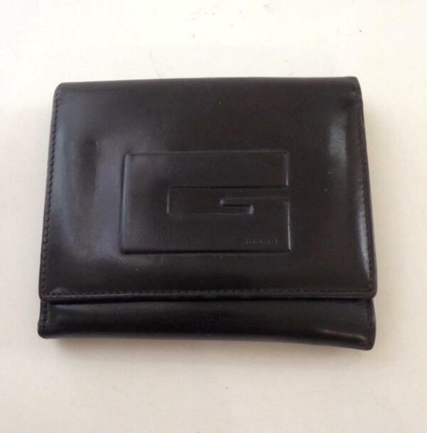 Authentic, Gucci Brown Enamel Tri-fold Wallet 5.5in x 4in