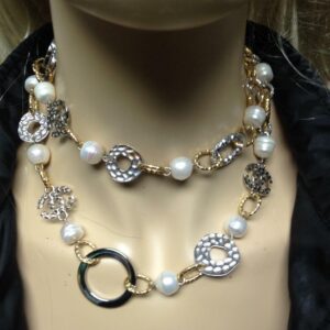 Elegant, Designer Silver and Gold Tone 33in Long Necklace with15 Real Pearls (C)