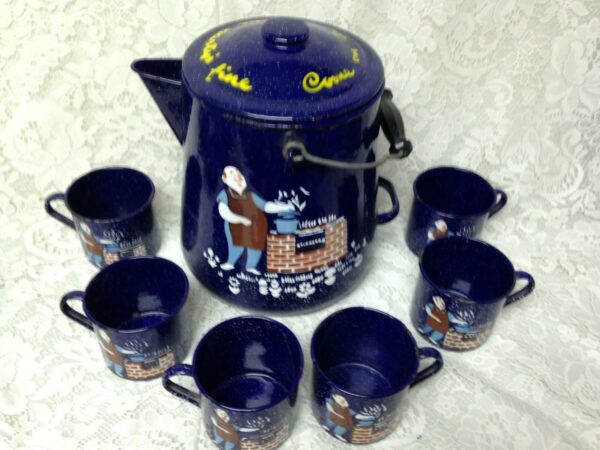 Vintage, Rare, Enamelware, 8pc Party Time Coffee-Mug Set