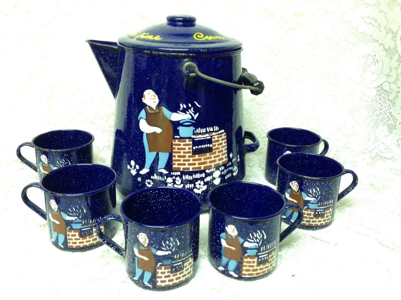 Vintage, Rare, Enamelware, 8pc Party Time Coffee-Mug Set