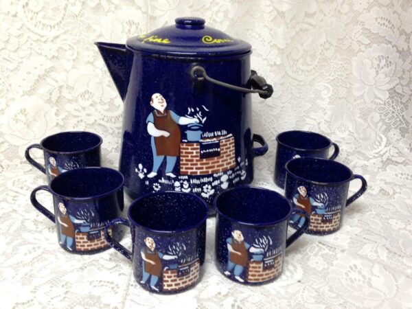 Vintage, Rare, Enamelware, 8pc Party Time Coffee-Mug Set