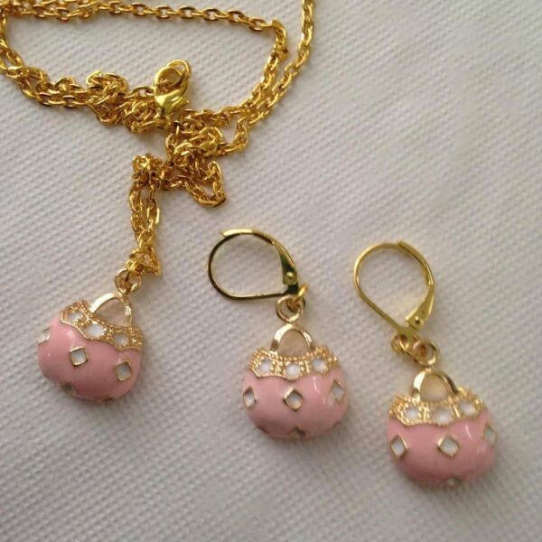 Pink Enamel Purse Enamel Necklace and Earrings Set