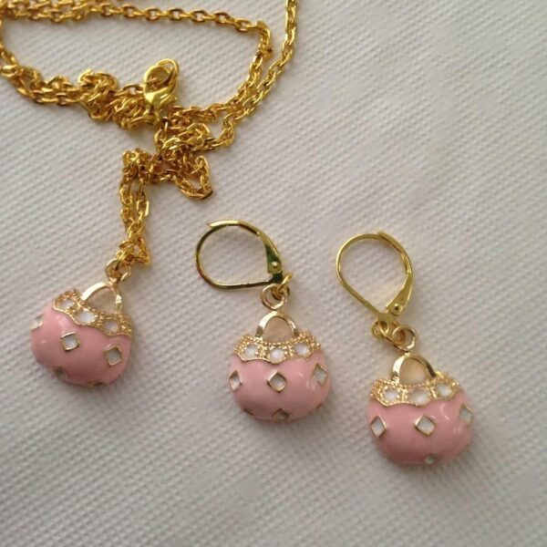 Pink Enamel Purse Enamel Necklace and Earrings Set