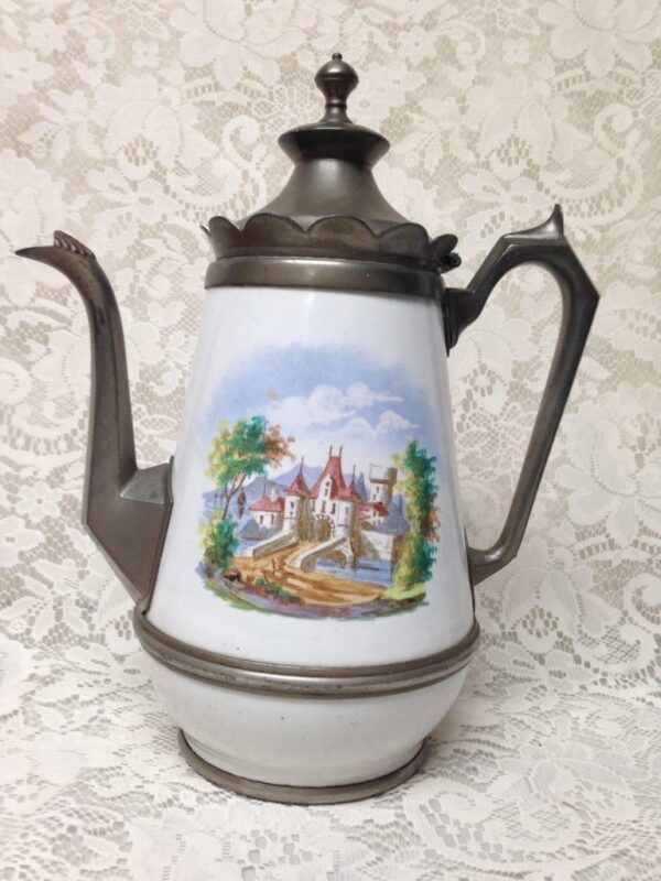 Antique, Enamelware-Pewter, XL Coffee-Teapot 12.5in H x 10.5 x in W x 6.5in