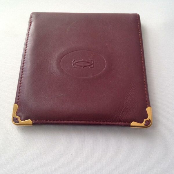 Authentic, Cartier Burgundy, Leather Bifold Coin-ID Wallet 4in x 4in