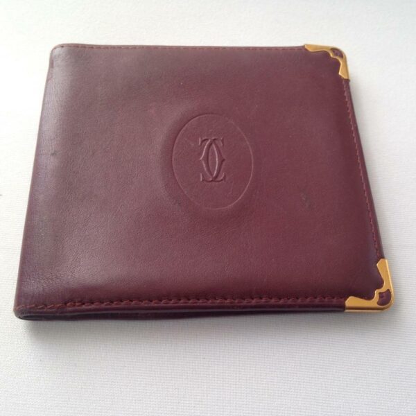 Authentic, Cartier Burgundy, Leather Bifold Coin-ID Wallet 4in x 4in