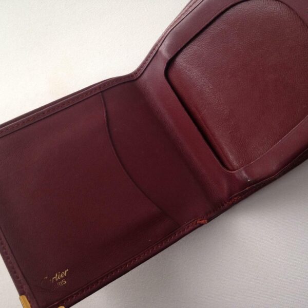 Authentic, Cartier Burgundy, Leather Bifold Coin-ID Wallet 4in x 4in