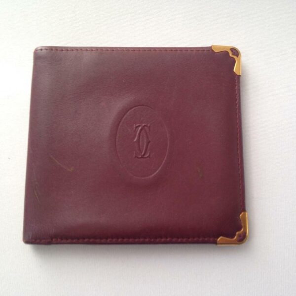 Authentic, Cartier Burgundy, Leather Bifold Coin-ID Wallet 4in x 4in