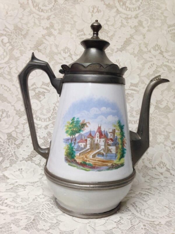 Antique, Enamelware-Pewter, XL Coffee-Teapot 12.5in H x 10.5 x in W x 6.5in