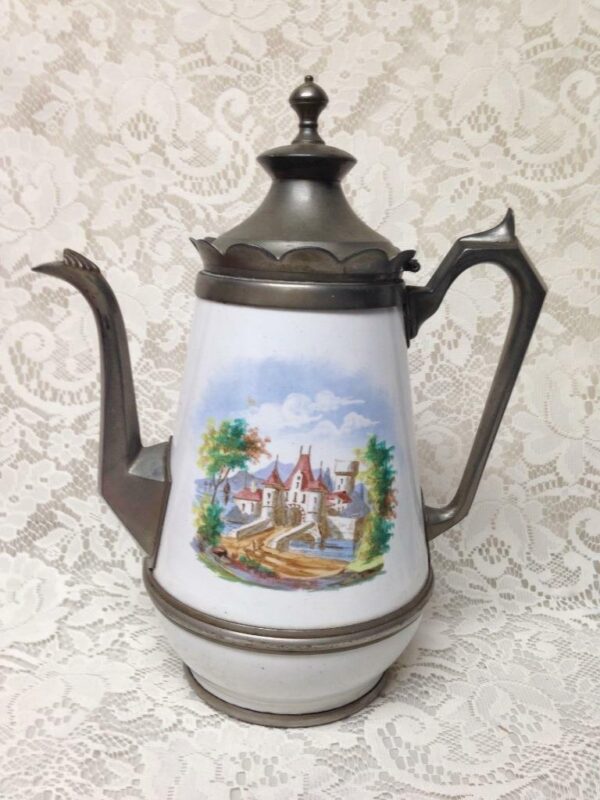 Antique, Enamelware-Pewter, XL Coffee-Teapot 12.5in H x 10.5 x in W x 6.5in