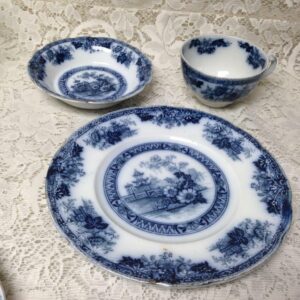 Antique, Rare, Yeddo, England, Variant Flow Blue Willow Trio Set