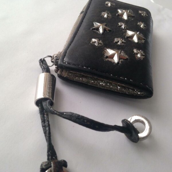 Jimmy Choo Black Leather-Silver Star Coin-Key Case 4in x 2.5in