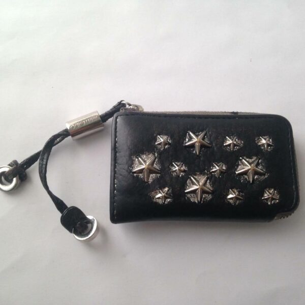 Jimmy Choo Black Leather-Silver Star Coin-Key Case 4in x 2.5in