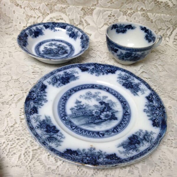 Antique, Rare, Yeddo, England, Variant Flow Blue Willow Trio Set