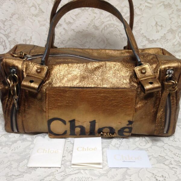 Authentic Chloe Gold Distressed Leather Shoulder Bag 15inx8inx7in