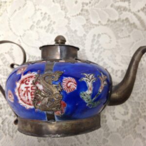 Vintage, Miniature Enamel -Painted Ceramics Metal Teapot 5.5in W x 3.5 H