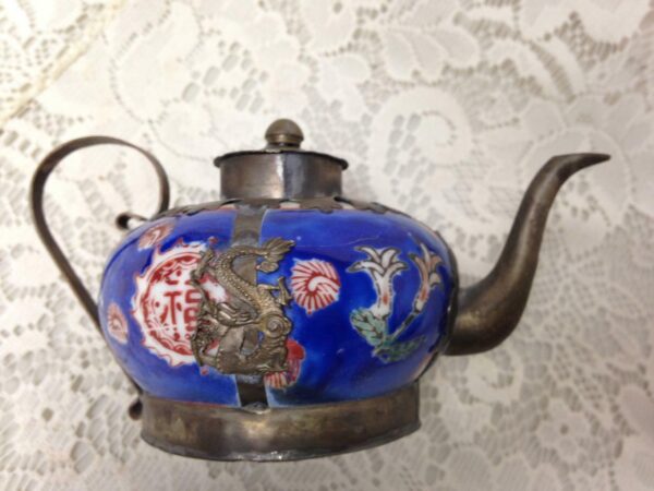 Vintage, Miniature Enamel -Painted Ceramics Metal Teapot 5.5in W x 3.5 H