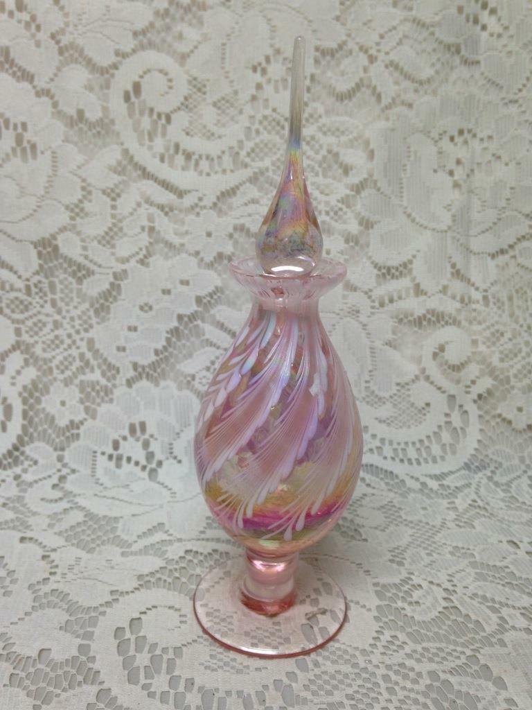 Vintage, Fabulous, 8in T Pink Swirled, Plume, Iridescent Glass Perfume Bottle