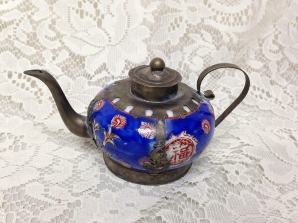 Vintage, Miniature Enamel -Painted Ceramics Metal Teapot 5.5in W x 3.5 H